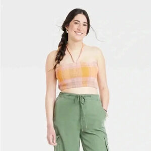 NWOT Smocked Plaid Halter Tank Top